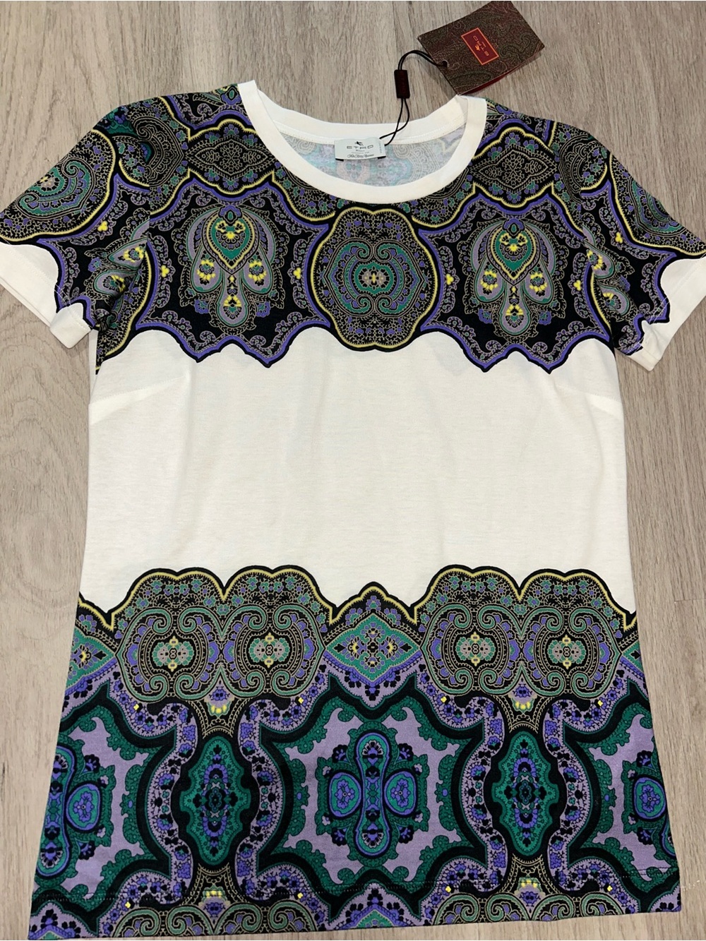 Etro women’s white & purple  paisley print cotton crewneck t-shirt small NWT